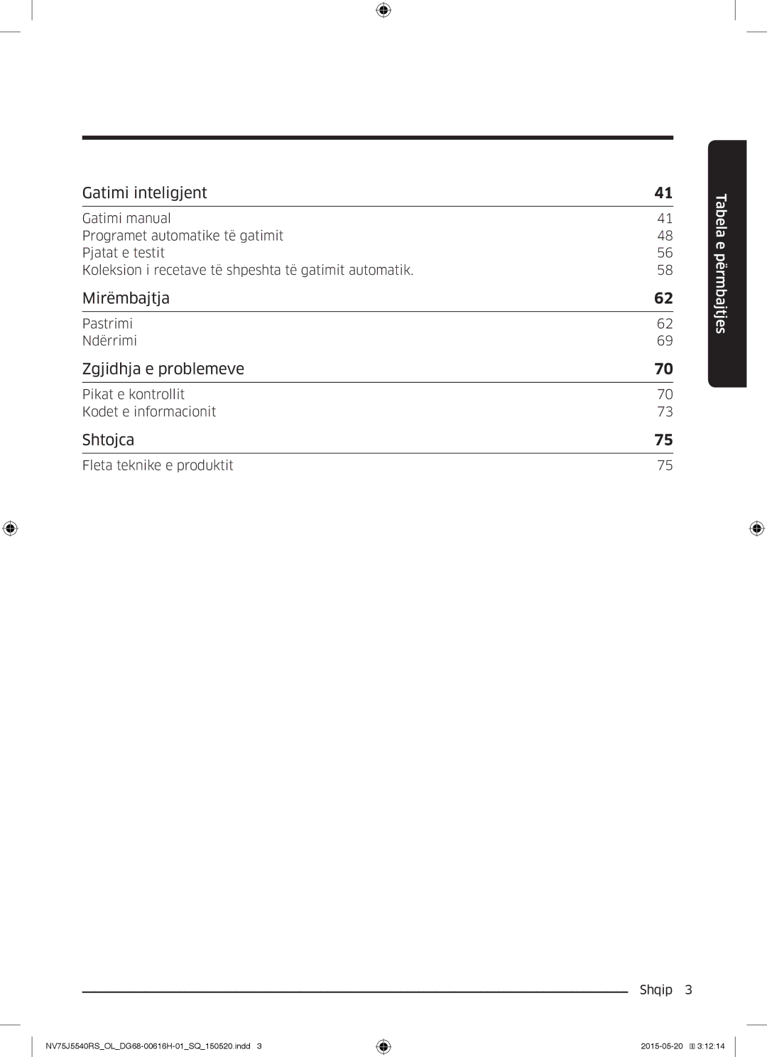 Samsung NV75J5540RS/OL manual Pastrimi Ndërrimi, Pikat e kontrollit Kodet e informacionit, Fleta teknike e produktit 