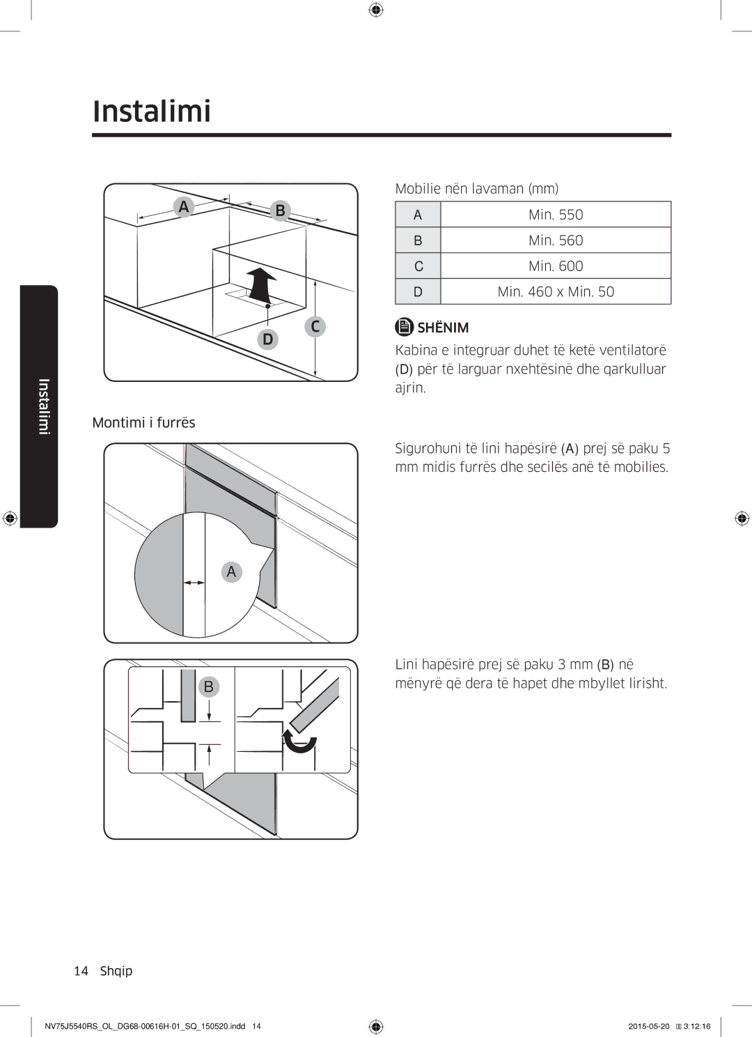 Samsung NV75J5540RS/OL manual Mobilie nën lavaman mm 