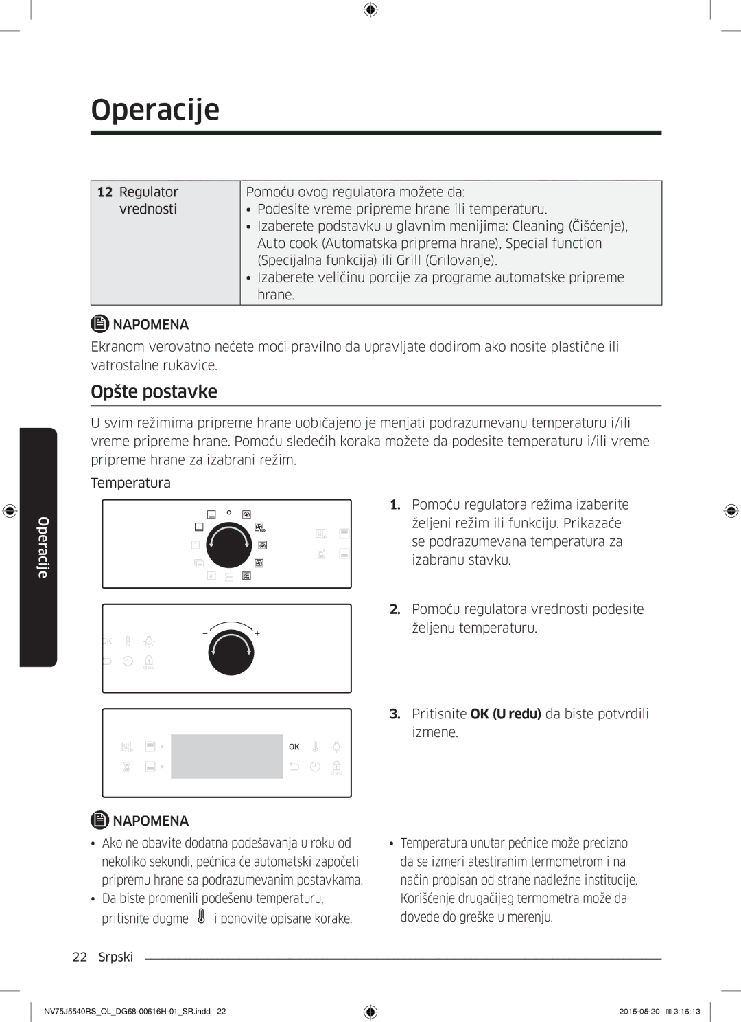 Samsung NV75J5540RS/OL manual Opšte postavke, Pritisnite OK U redu da biste potvrdili izmene 