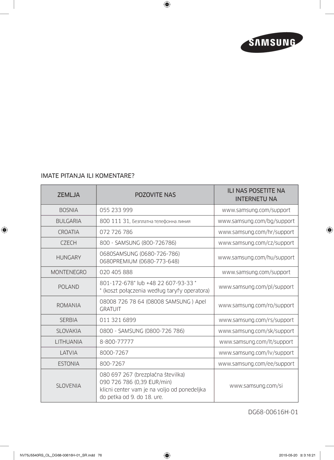 Samsung NV75J5540RS/OL manual DG68-00616H-01 