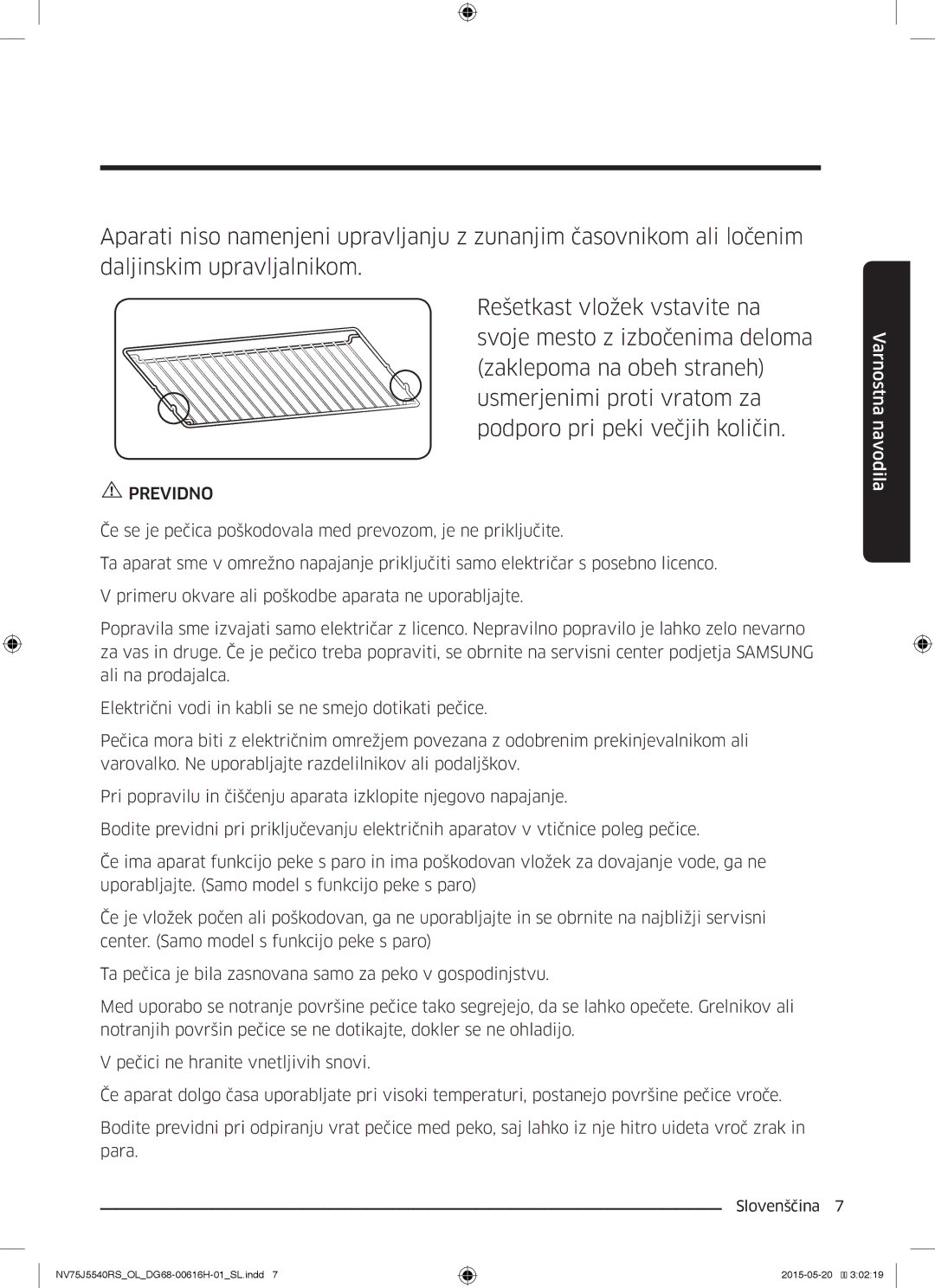 Samsung NV75J5540RS/OL manual Previdno 