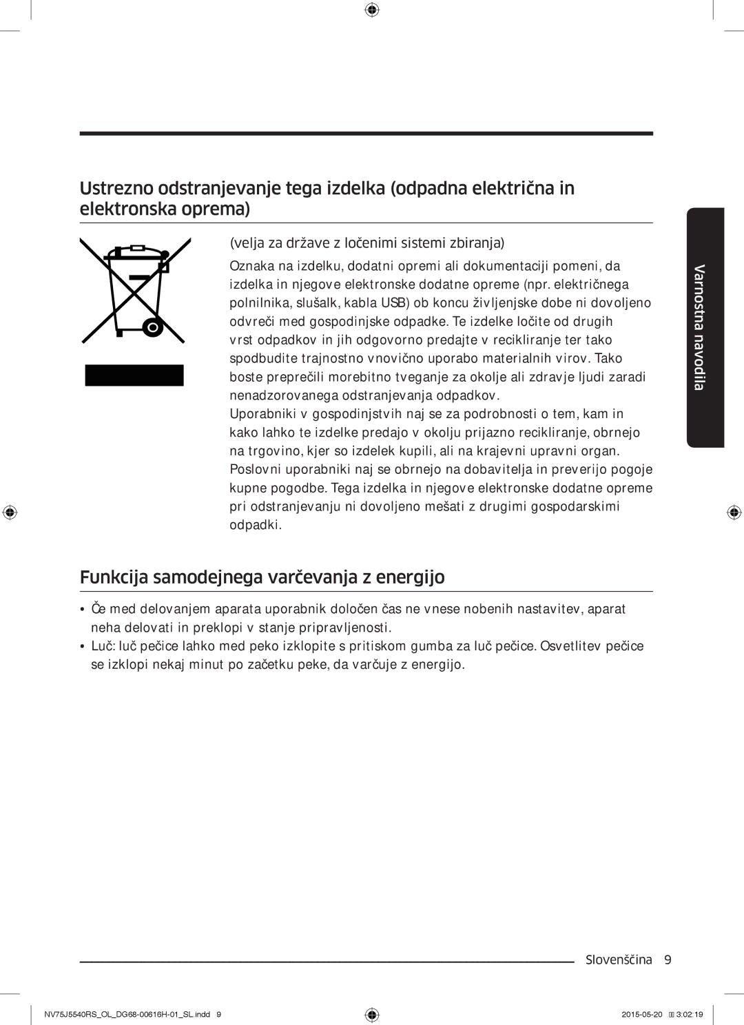 Samsung NV75J5540RS/OL manual Funkcija samodejnega varčevanja z energijo 