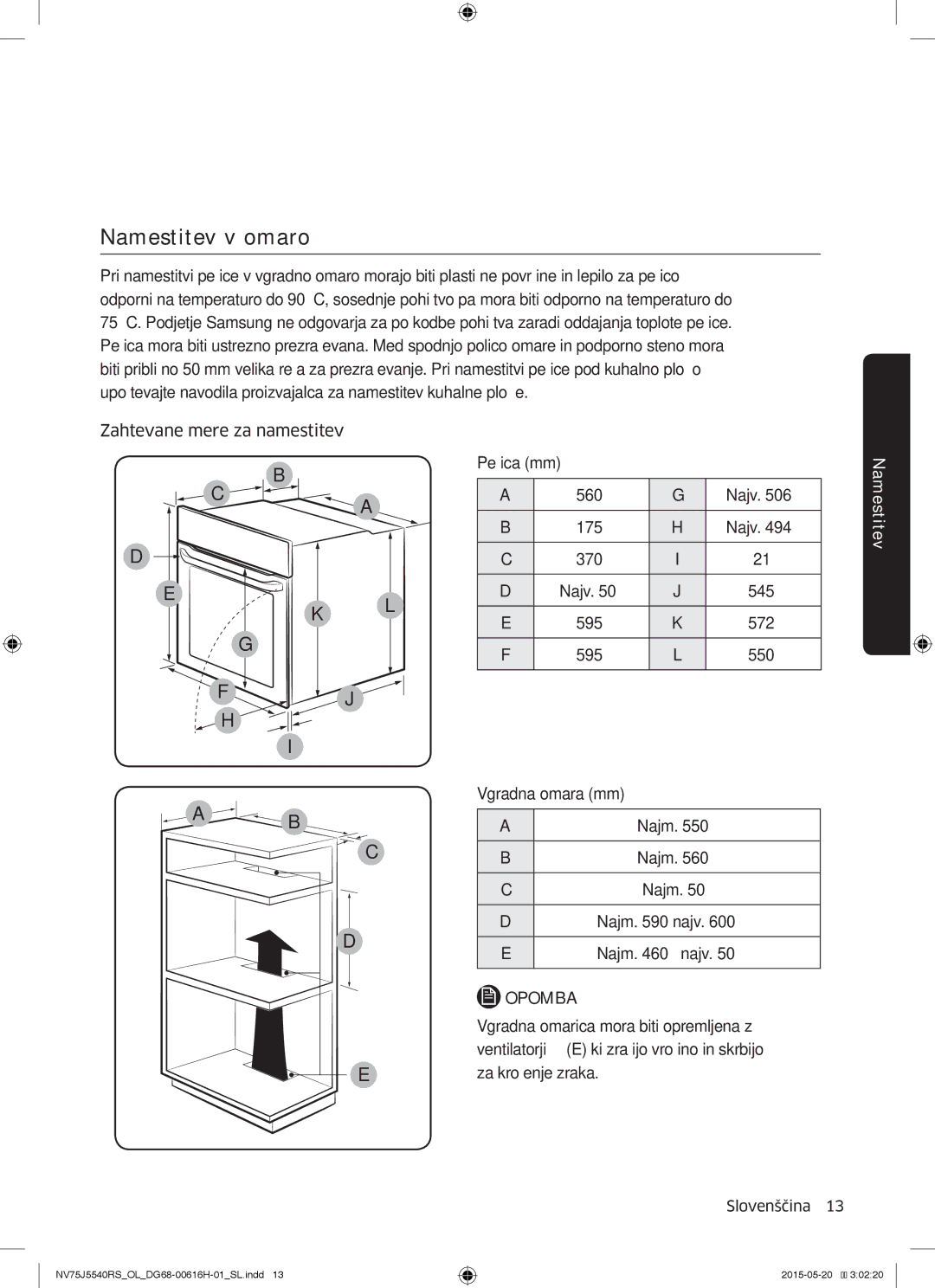 Samsung NV75J5540RS/OL manual Namestitev v omaro 