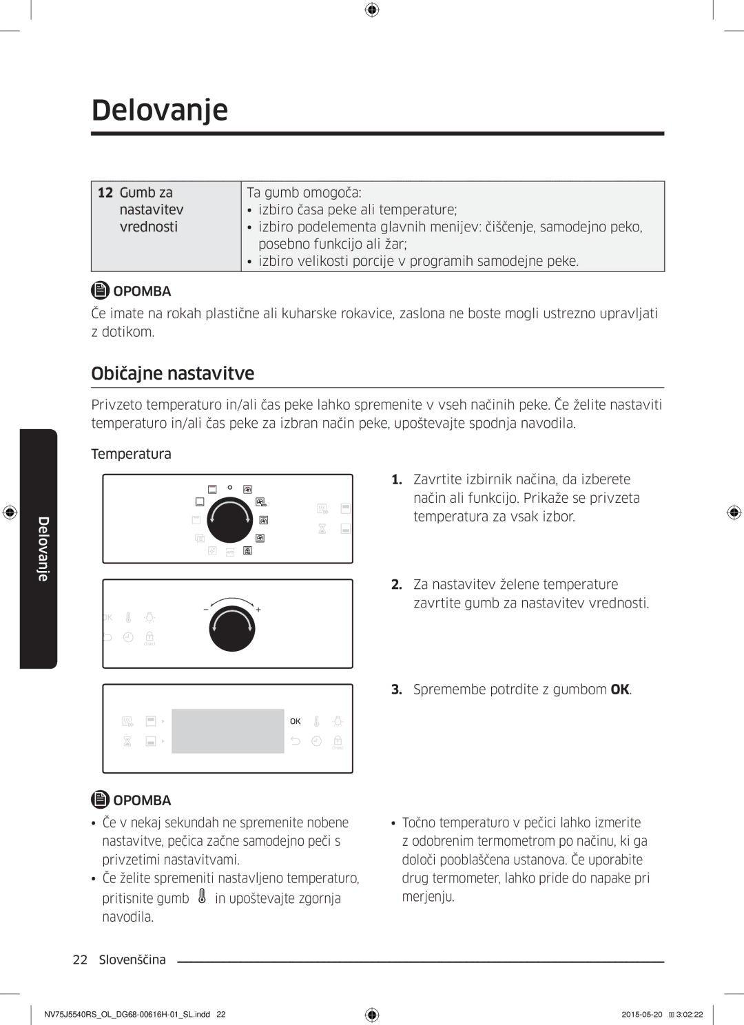 Samsung NV75J5540RS/OL manual Običajne nastavitve 