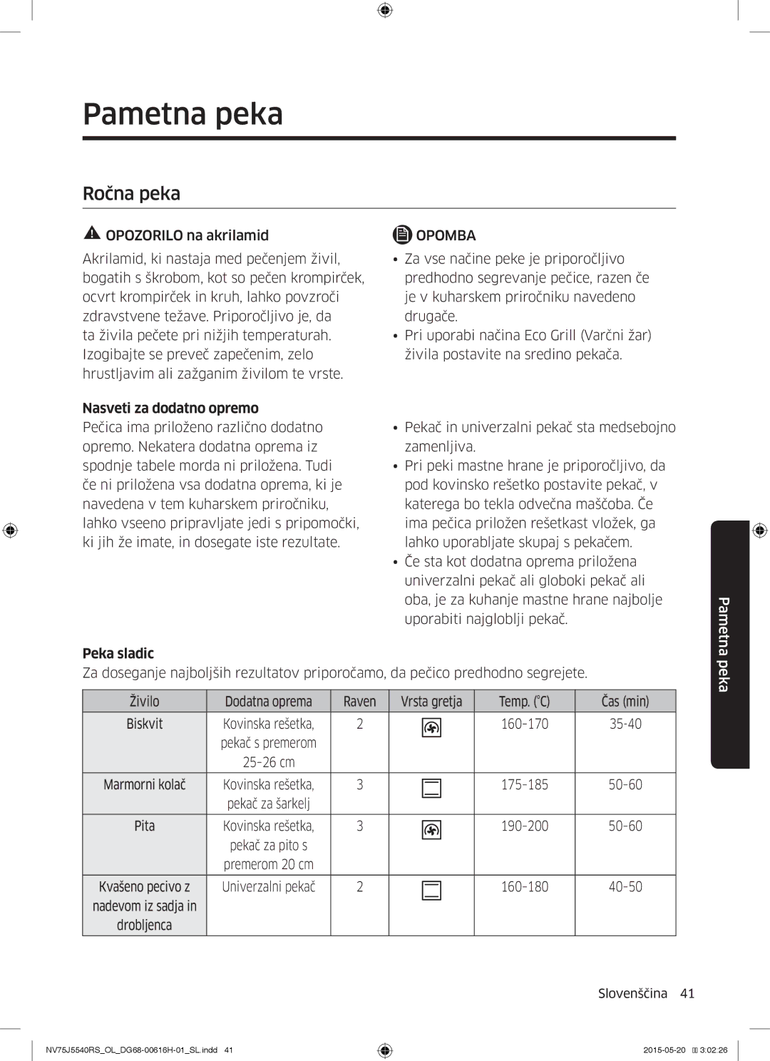 Samsung NV75J5540RS/OL manual Pametna peka, Ročna peka, Nasveti za dodatno opremo, Peka sladic 