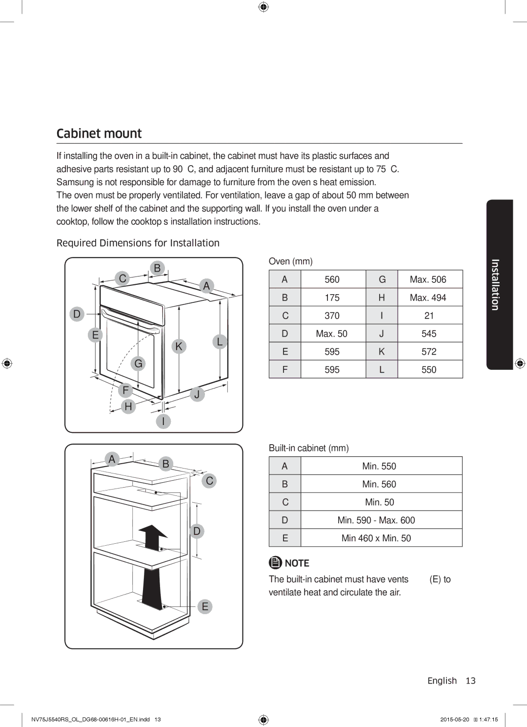 Samsung NV75J5540RS/OL manual Cabinet mount, Built-in cabinet mm, Built-in cabinet must have vents E to 