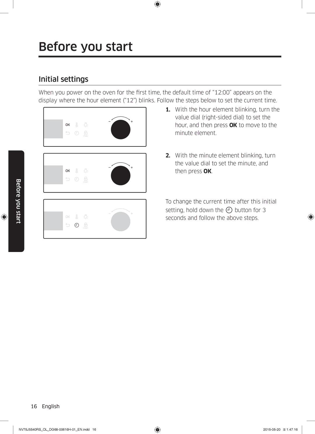 Samsung NV75J5540RS/OL manual Before you start, Initial settings 