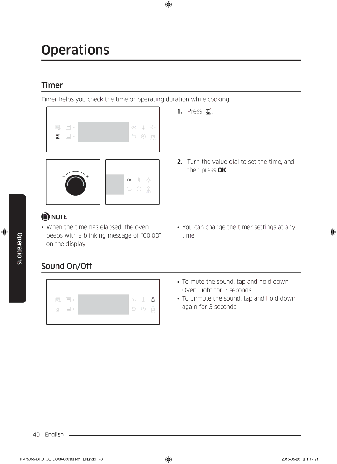 Samsung NV75J5540RS/OL manual Timer, Sound On/Off 