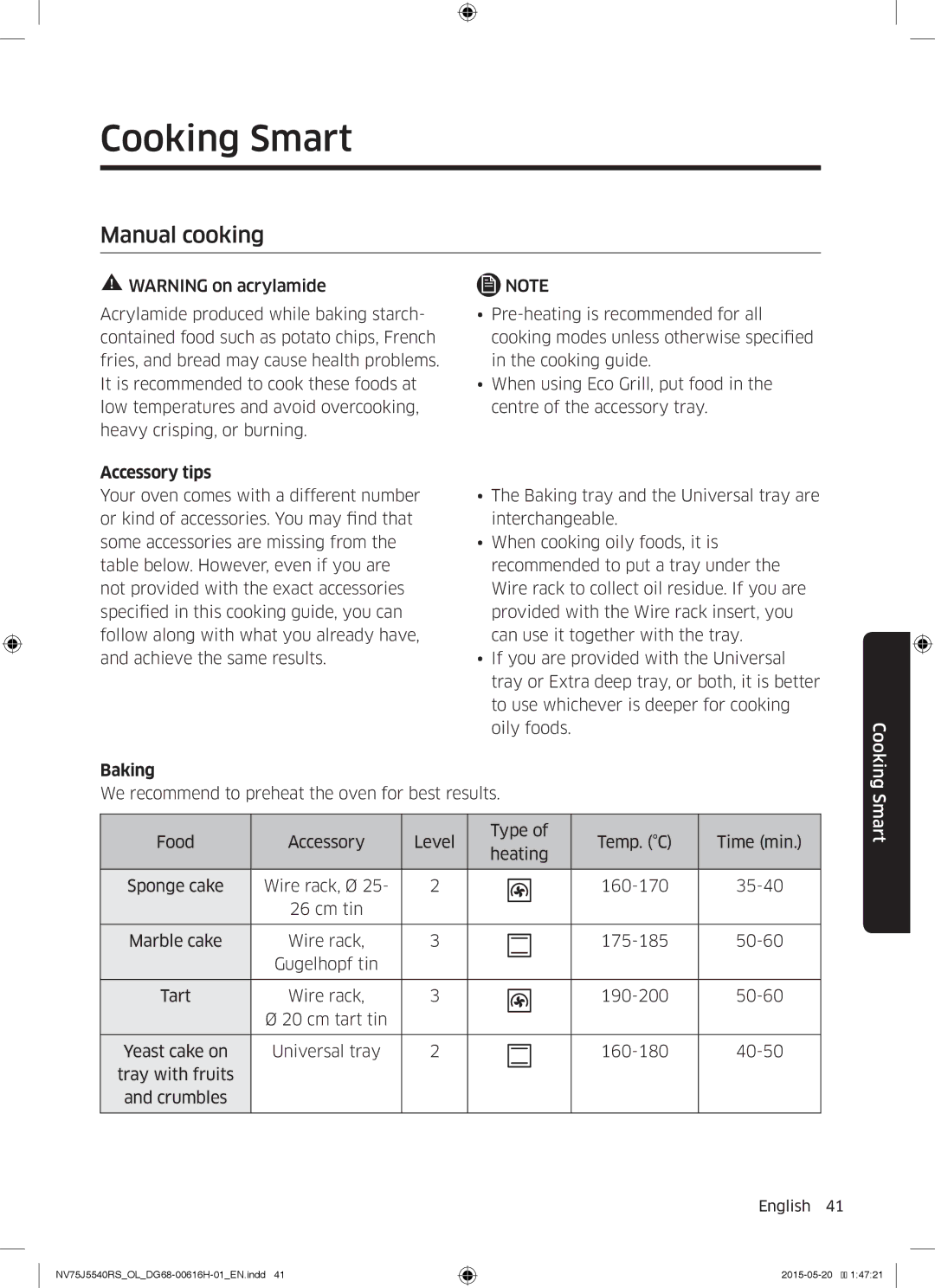 Samsung NV75J5540RS/OL manual Cooking Smart, Manual cooking, Accessory tips, Baking 