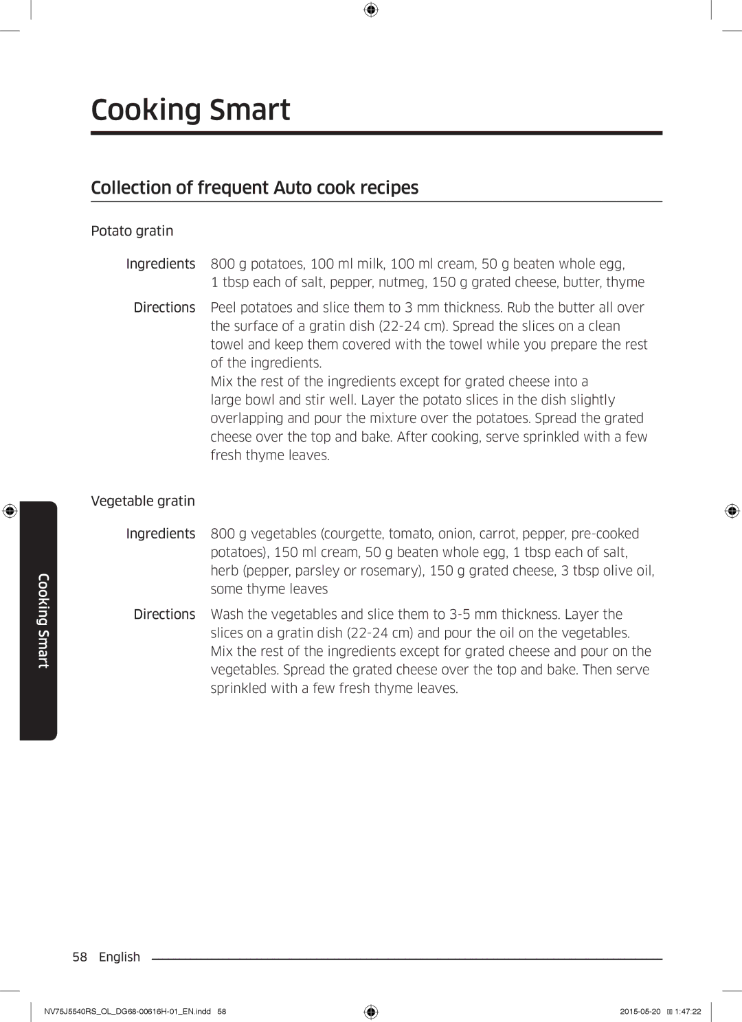 Samsung NV75J5540RS/OL manual Collection of frequent Auto cook recipes 