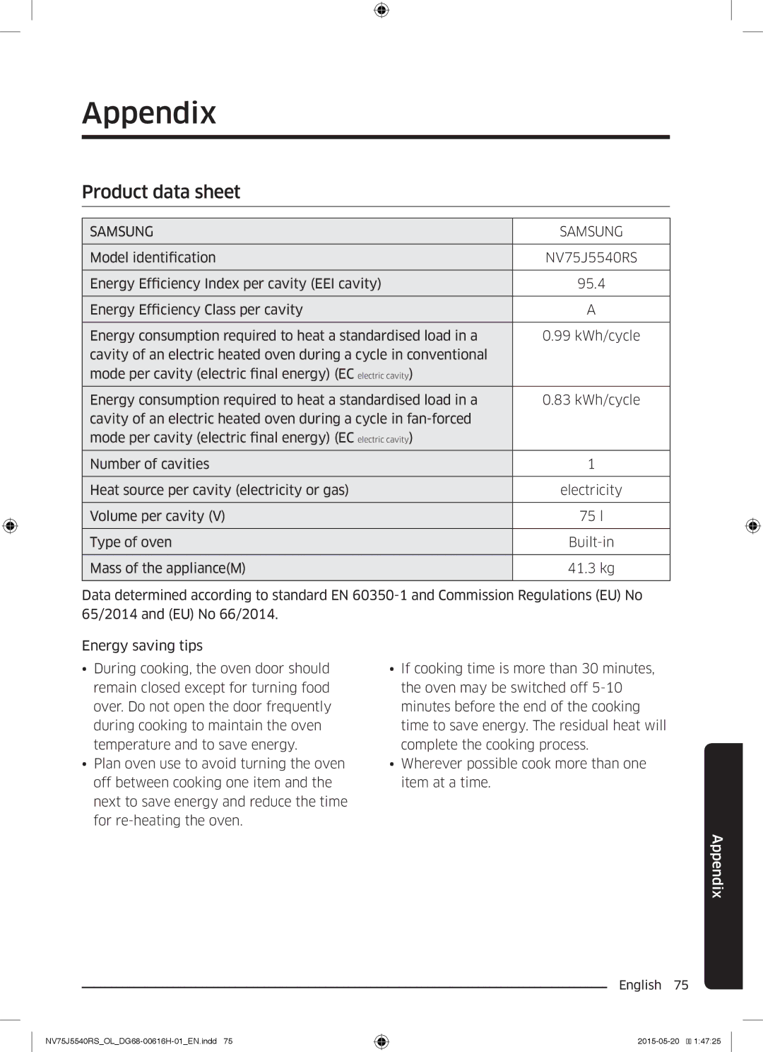 Samsung NV75J5540RS/OL manual Appendix, Product data sheet 