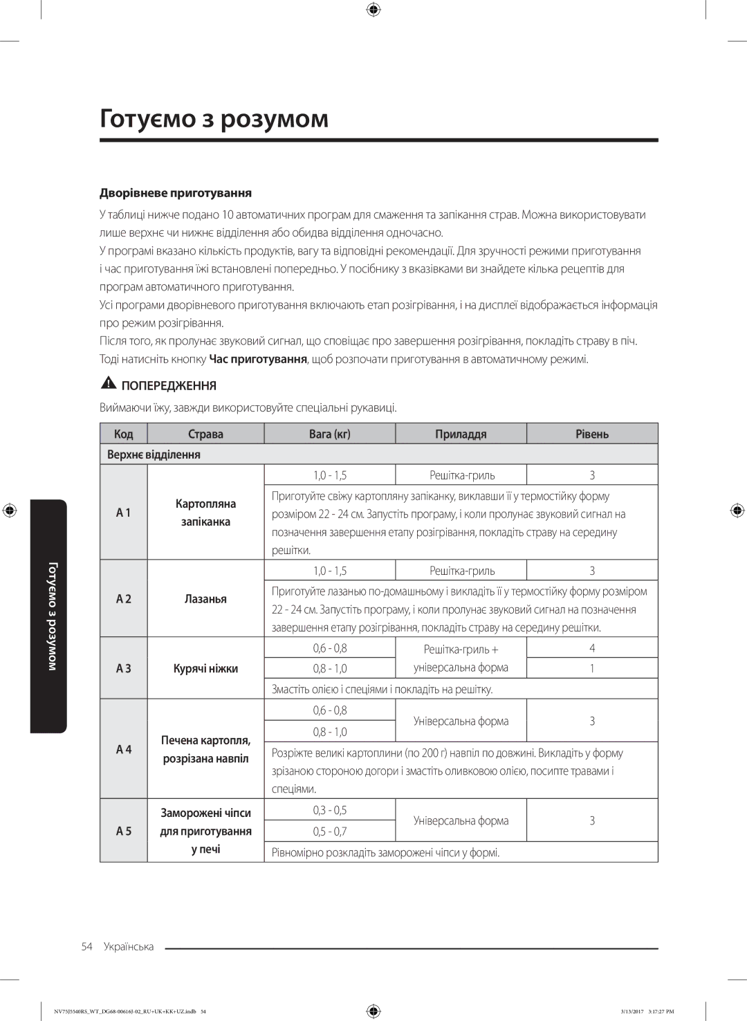 Samsung NV75J5540RS/WT manual Дворівневе приготування, Код Страва Вага кг Приладдя Рівень Верхнє відділення 