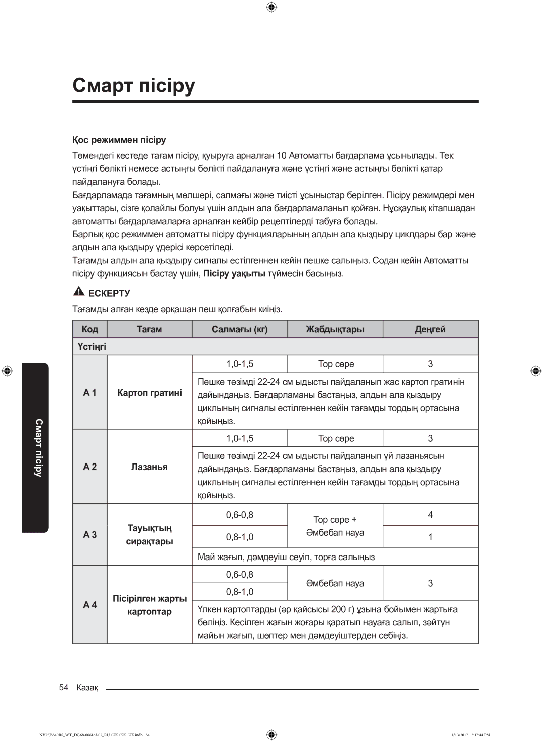 Samsung NV75J5540RS/WT manual Қос режиммен пісіру, Код Тағам Салмағы кг Жабдықтары Деңгей Үстіңгі 