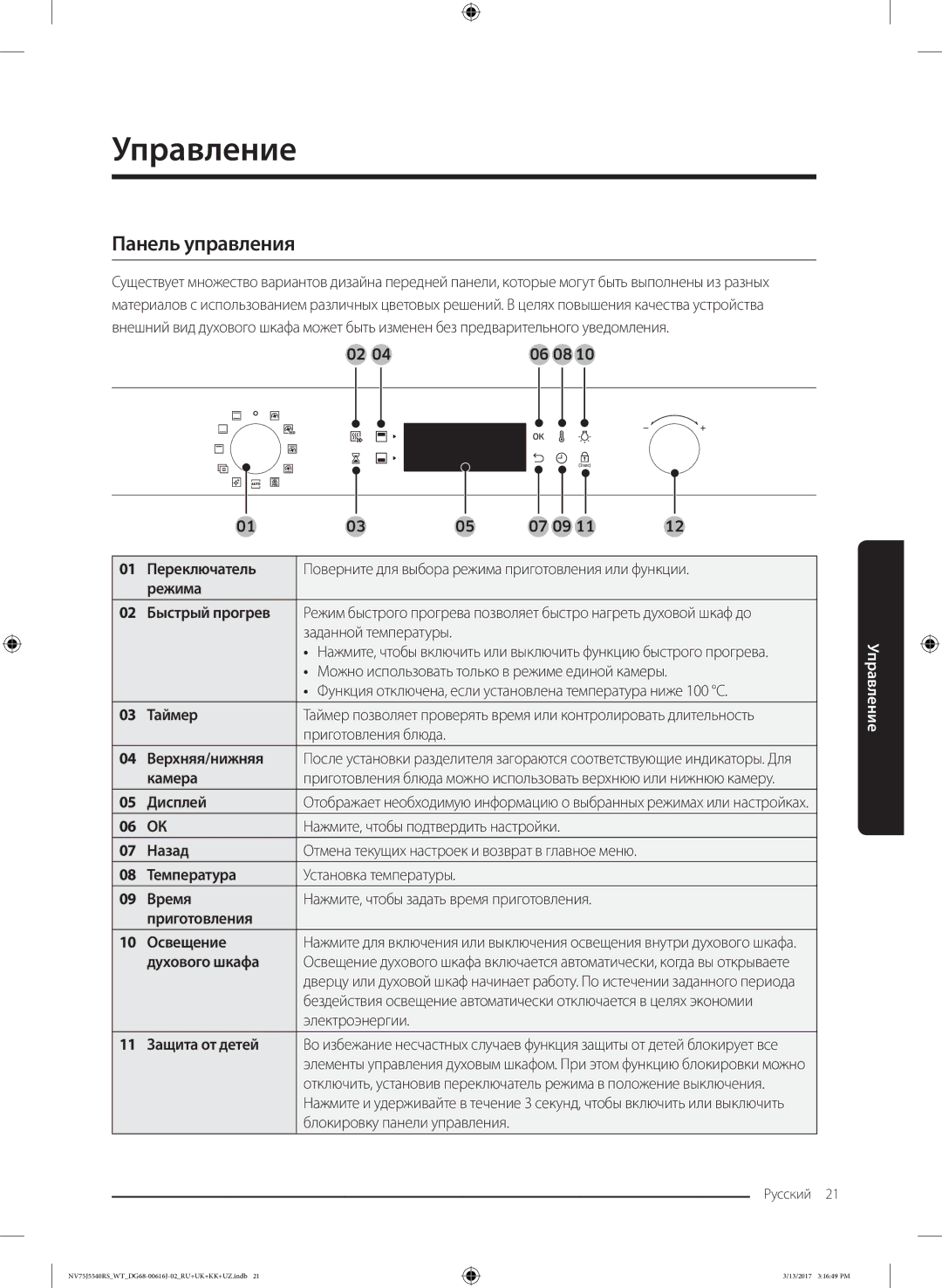 Samsung NV75J5540RS/WT manual Управление, Панель управления 