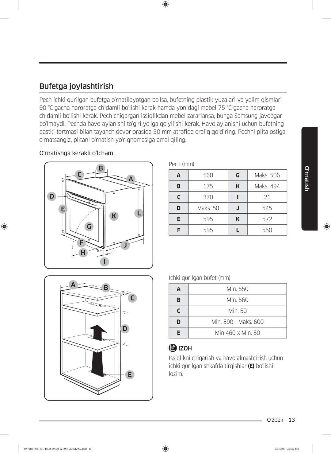 Samsung NV75J5540RS/WT manual Bufetga joylashtirish 