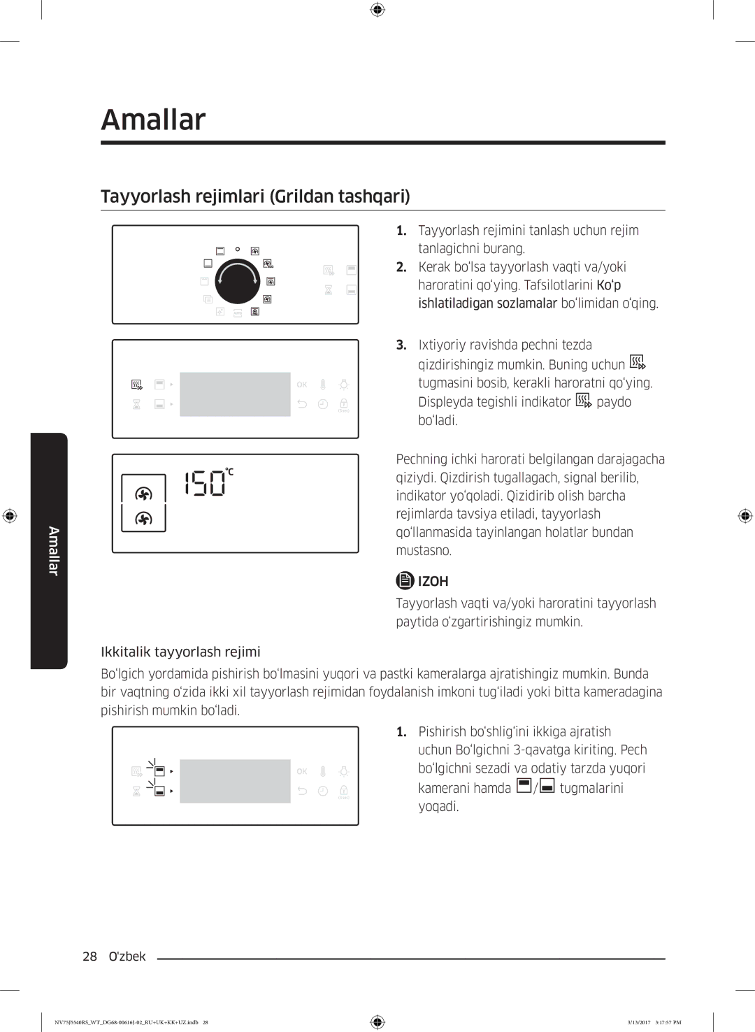 Samsung NV75J5540RS/WT manual Tayyorlash rejimlari Grildan tashqari 