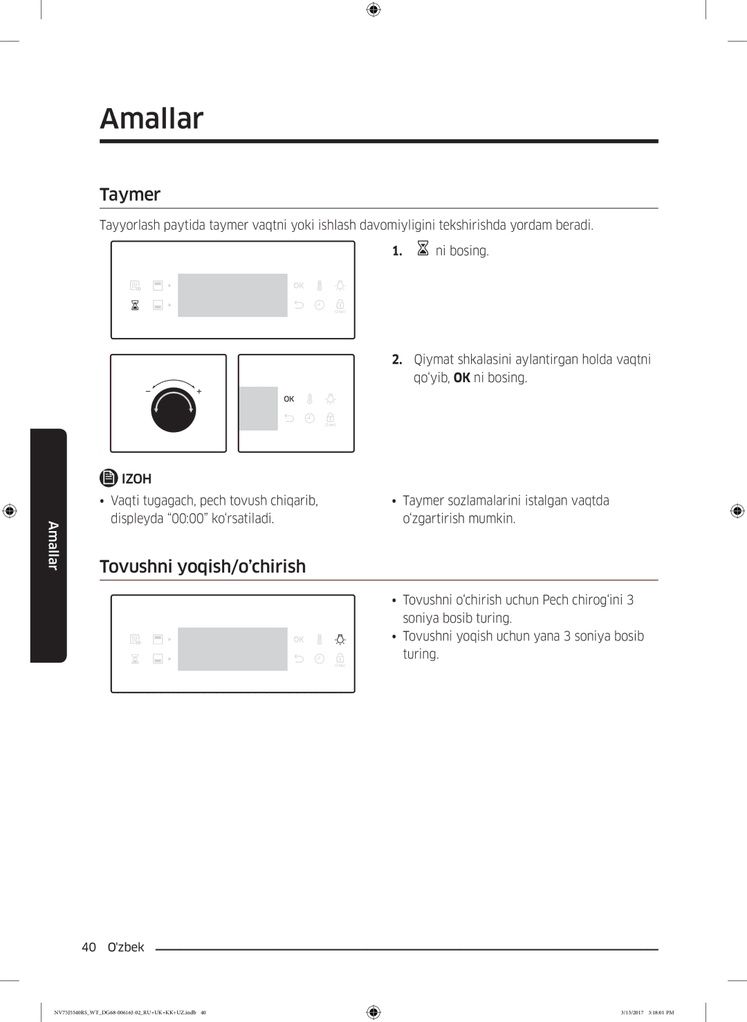 Samsung NV75J5540RS/WT manual Taymer, Tovushni yoqish/o’chirish 