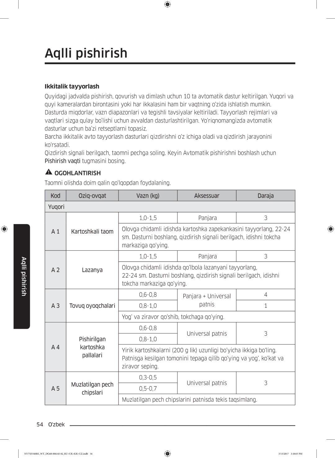 Samsung NV75J5540RS/WT manual Ikkitalik tayyorlash 