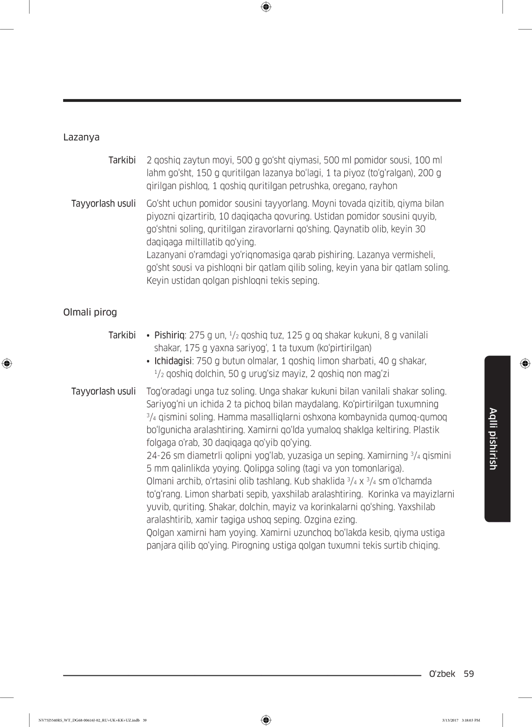 Samsung NV75J5540RS/WT manual Aqlli pishirish 