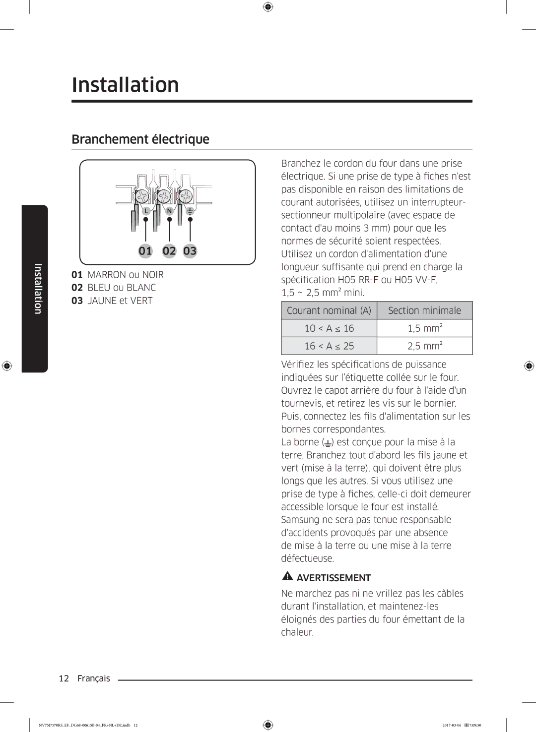 Samsung NV75J7570RS/EF manual Branchement électrique, 01 02 