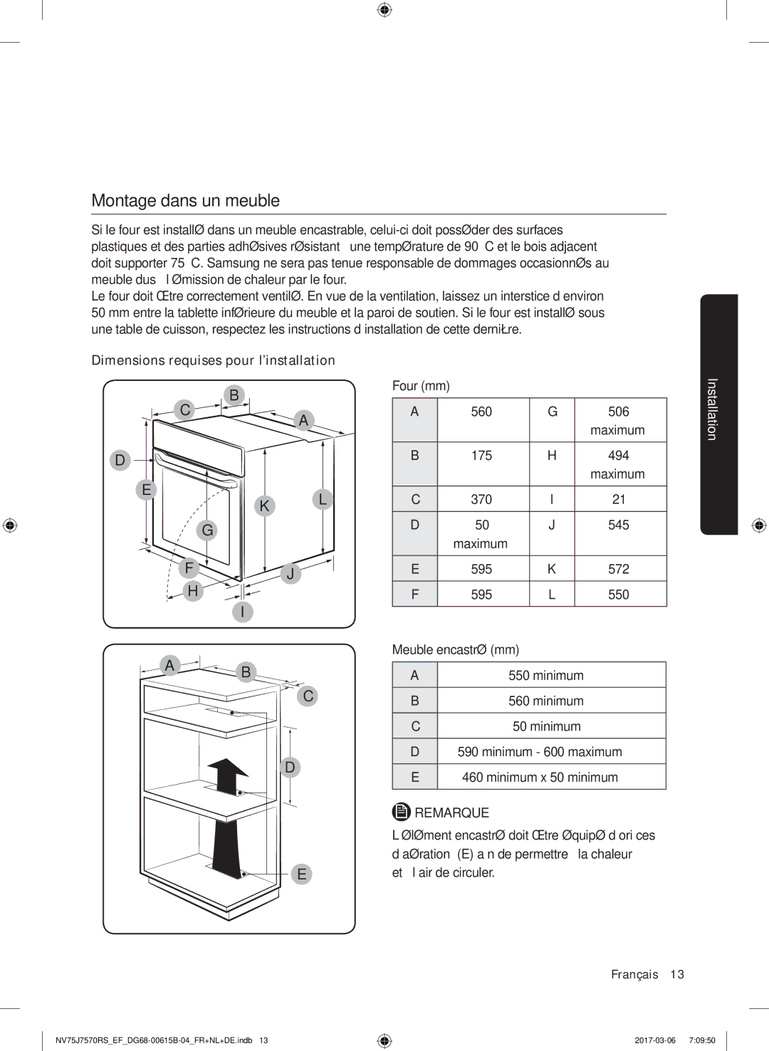 Samsung NV75J7570RS/EF manual Montage dans un meuble, Minimum 600 maximum Minimum x 50 minimum 