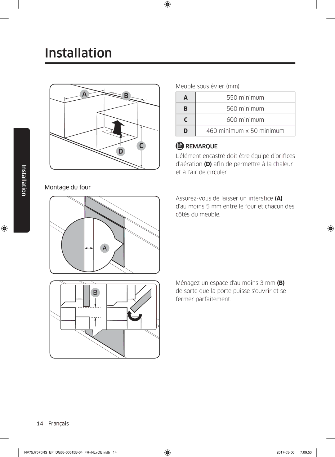 Samsung NV75J7570RS/EF manual Meuble sous évier mm, ’élément encastré doit être équipé d’orifices 