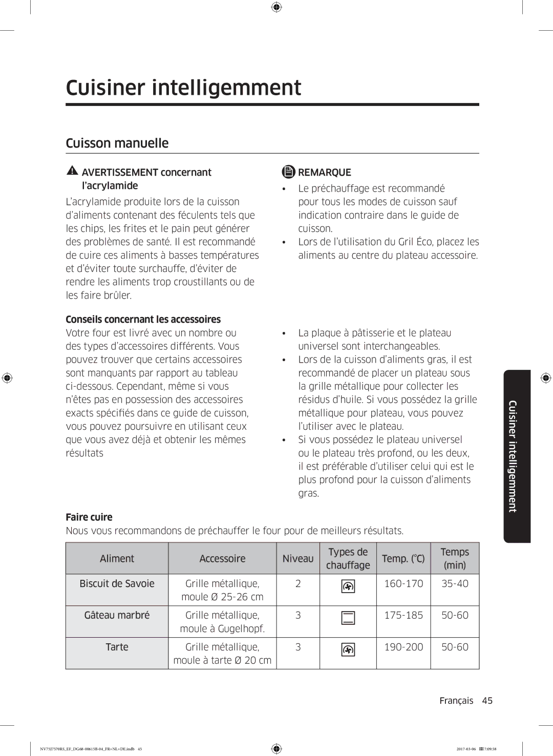Samsung NV75J7570RS/EF manual Cuisiner intelligemment, Cuisson manuelle, Conseils concernant les accessoires, Faire cuire 