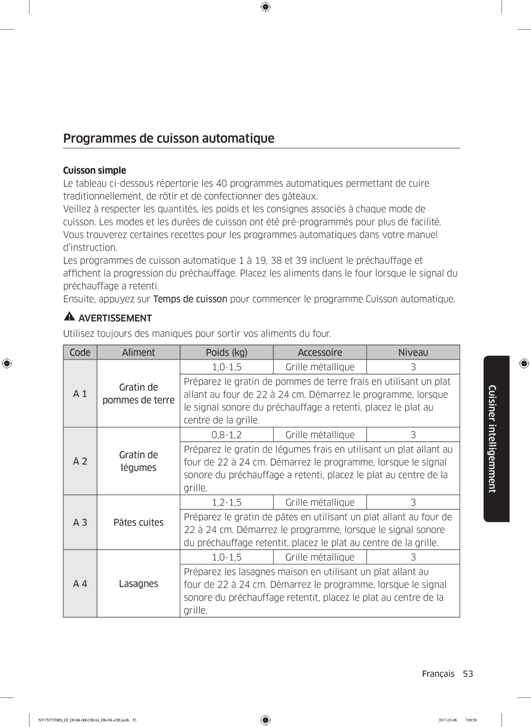 Samsung NV75J7570RS/EF manual Programmes de cuisson automatique, Cuisson simple 