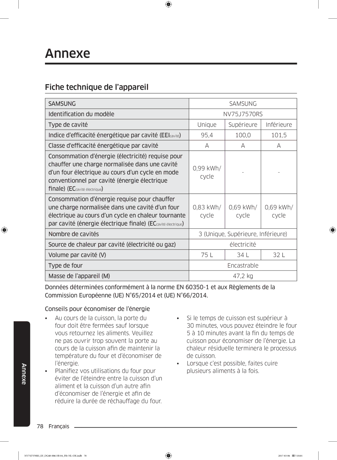 Samsung NV75J7570RS/EF manual Annexe, Fiche technique de l’appareil 