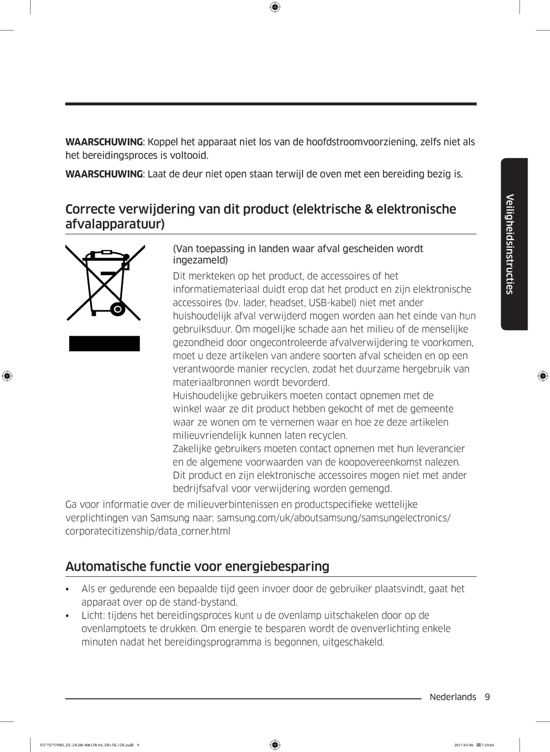 Samsung NV75J7570RS/EF manual Automatische functie voor energiebesparing 