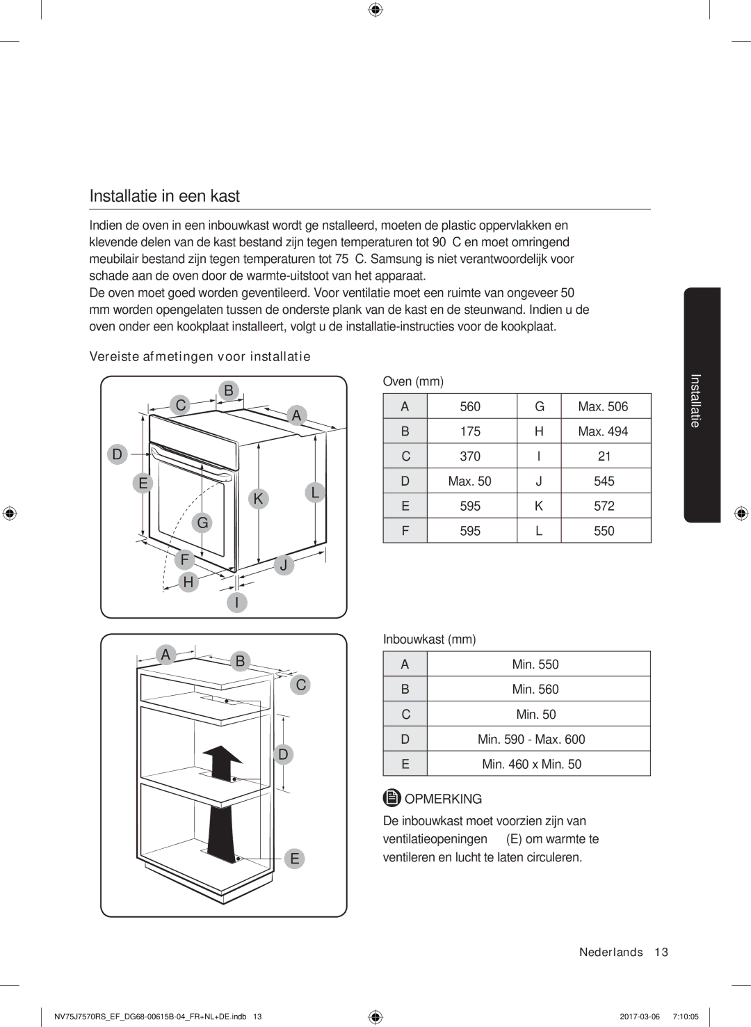 Samsung NV75J7570RS/EF manual Installatie in een kast, Max 175 370 545 595 572 550 