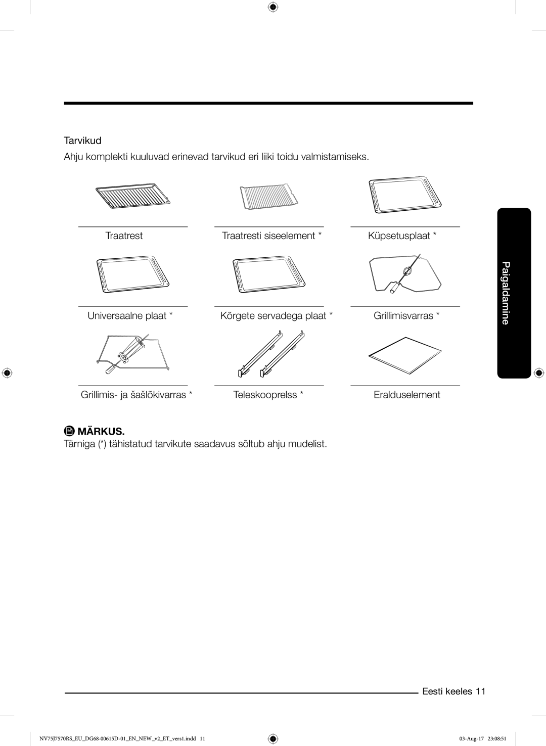 Samsung NV75J7570RS/EO manual Universaalne plaat Kõrgete servadega plaat 