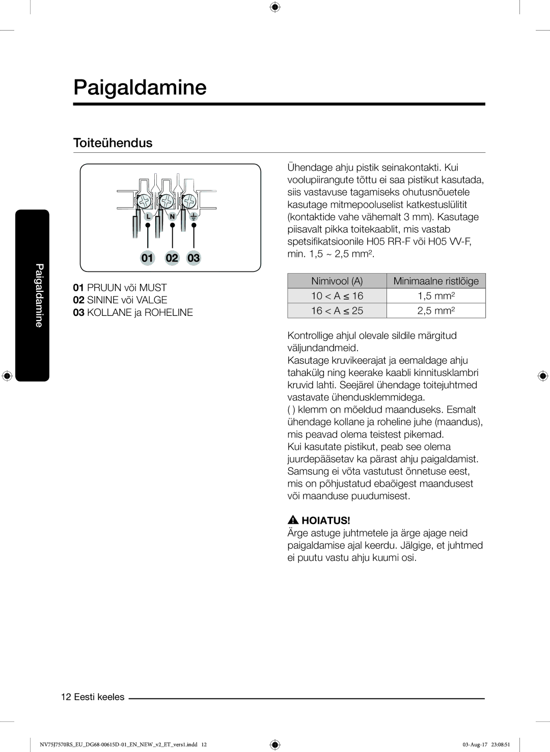 Samsung NV75J7570RS/EO manual Toiteühendus 