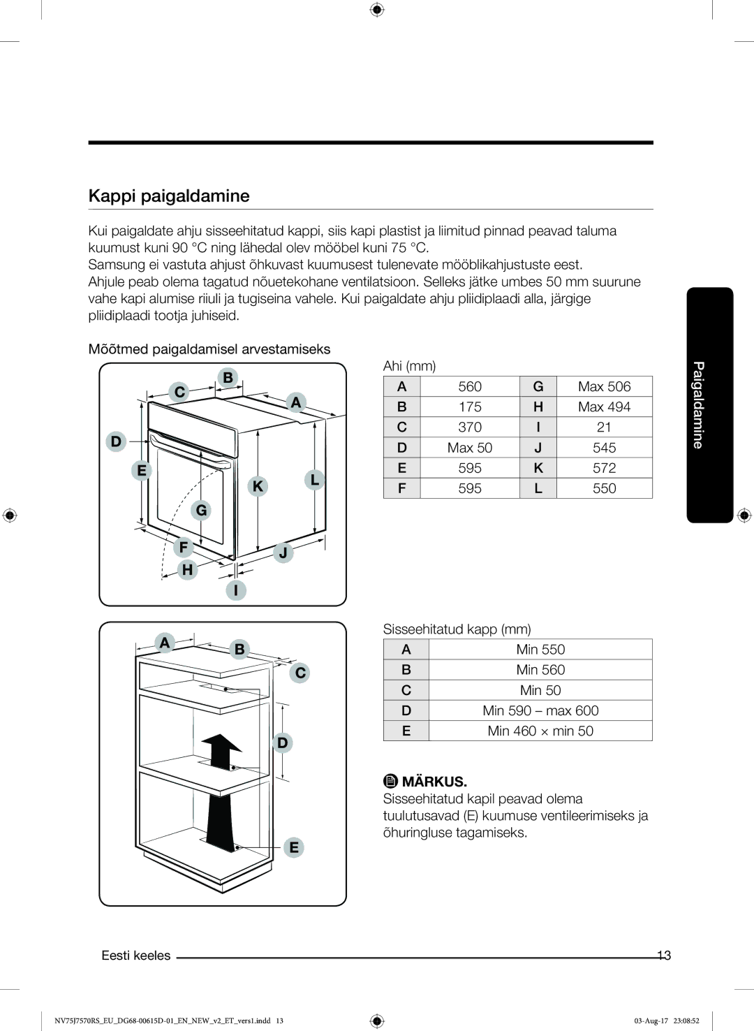 Samsung NV75J7570RS/EO manual Kappi paigaldamine 