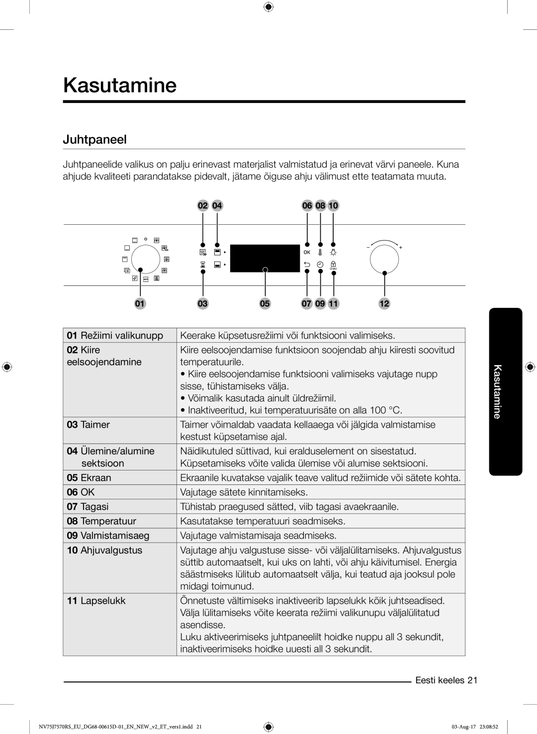 Samsung NV75J7570RS/EO manual Kasutamine, Juhtpaneel 