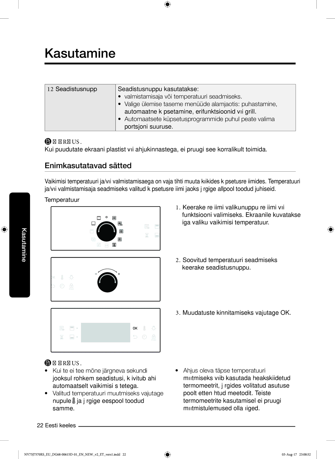 Samsung NV75J7570RS/EO manual Enimkasutatavad sätted 