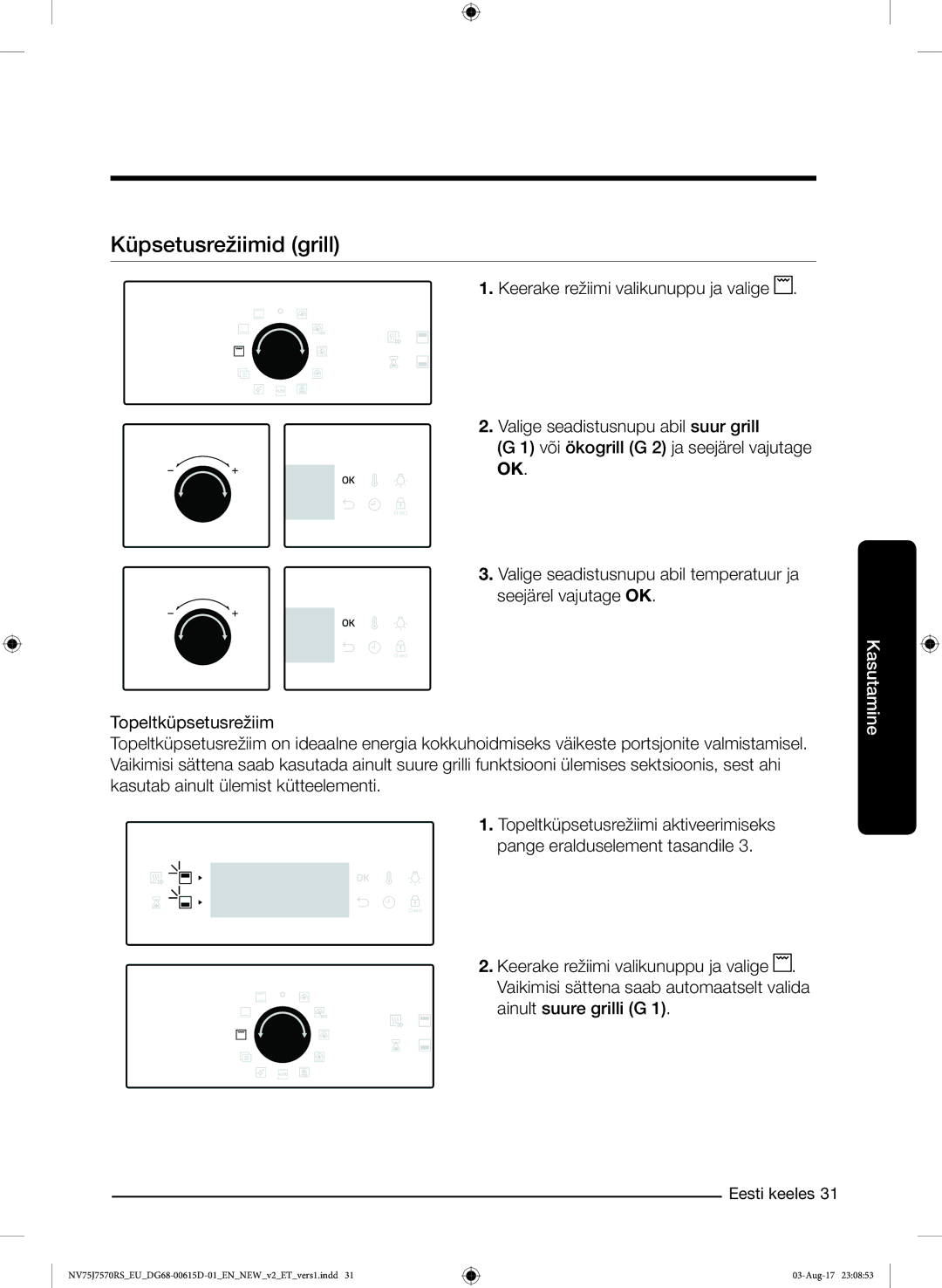 Samsung NV75J7570RS/EO manual Küpsetusrežiimid grill 