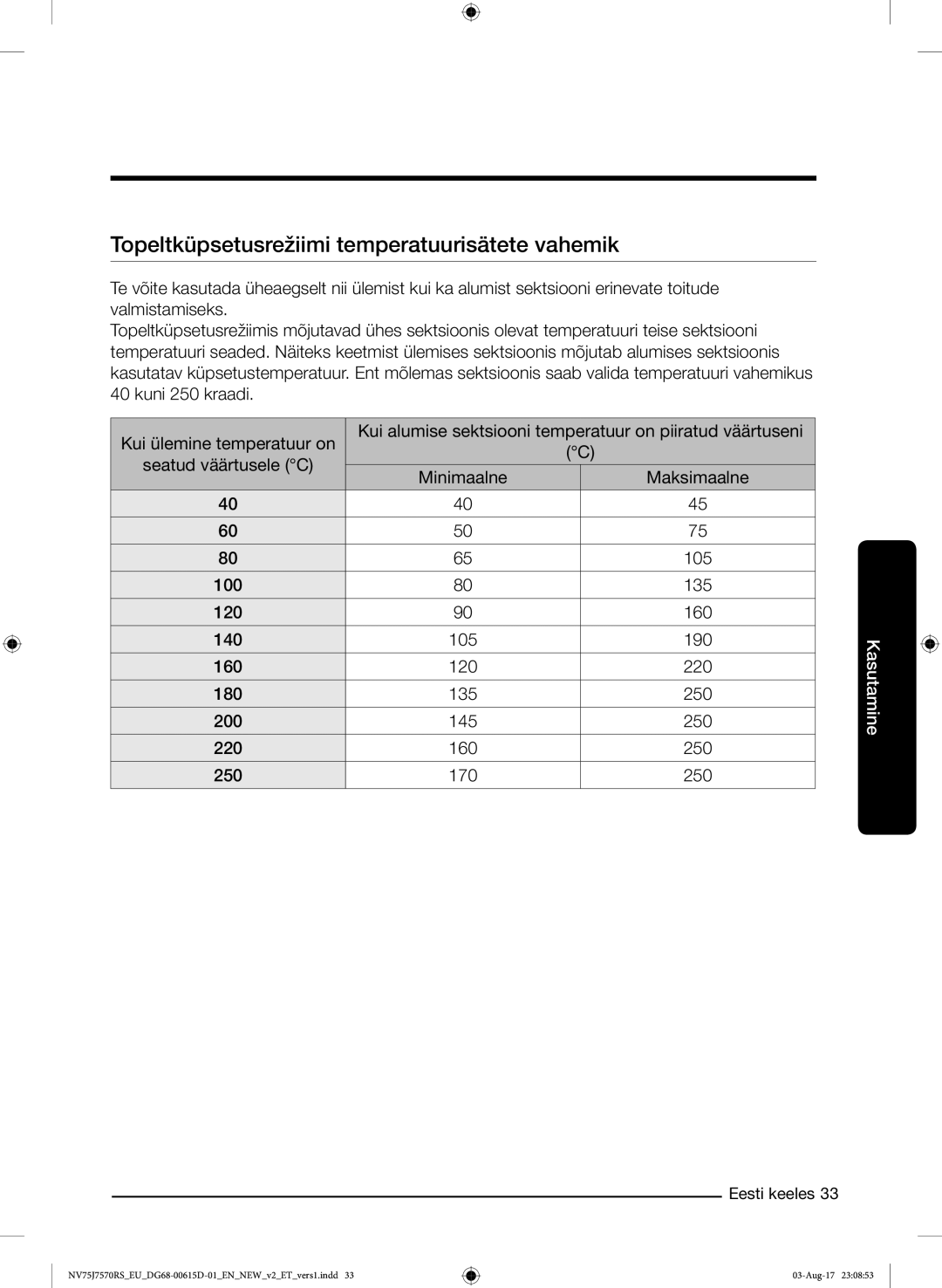 Samsung NV75J7570RS/EO manual Topeltküpsetusrežiimi temperatuurisätete vahemik 