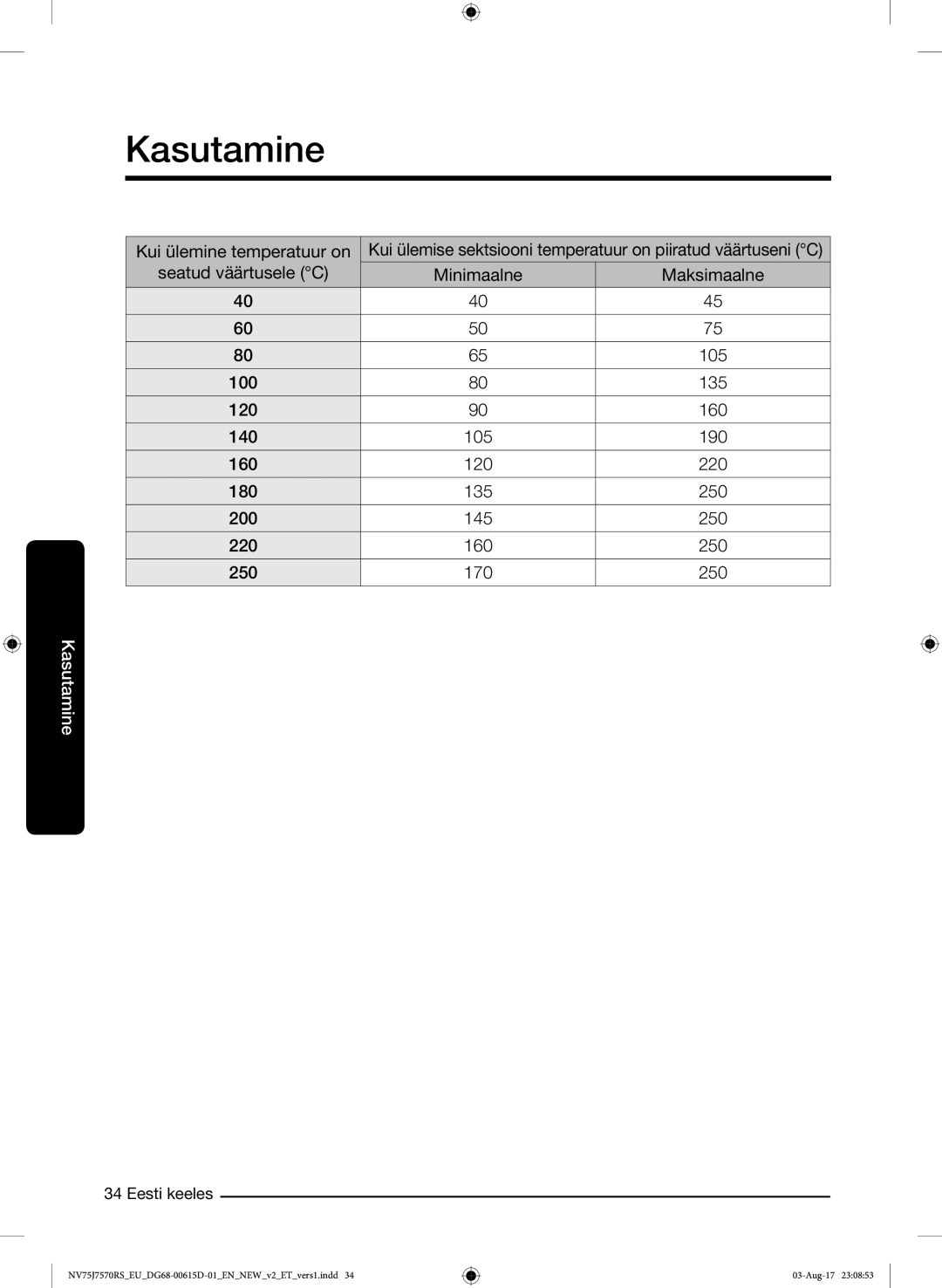 Samsung NV75J7570RS/EO manual Kui ülemise sektsiooni temperatuur on piiratud väärtuseni C 