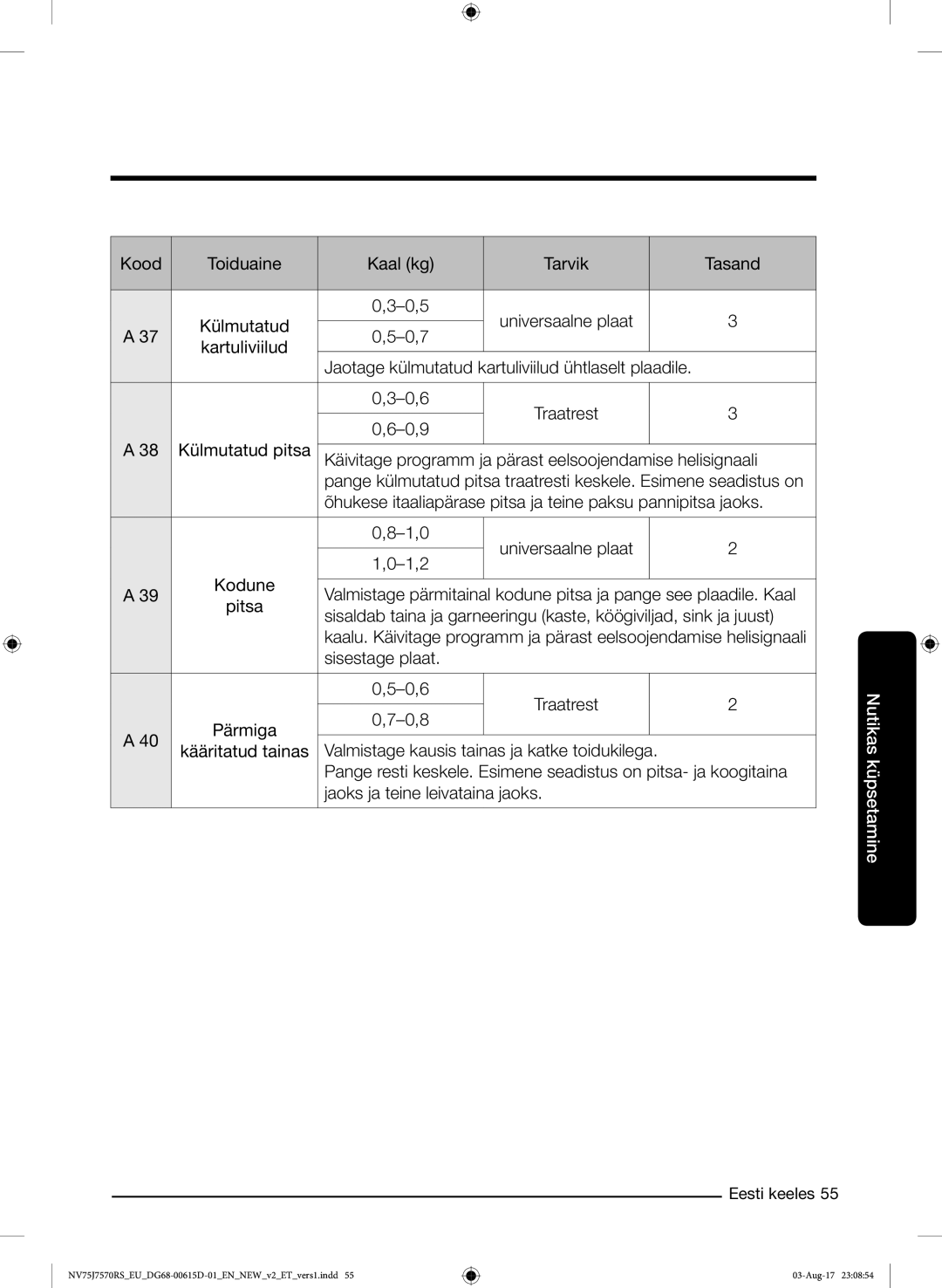 Samsung NV75J7570RS/EO manual Kood Toiduaine Kaal kg Tarvik Tasand Külmutatud 0,5 