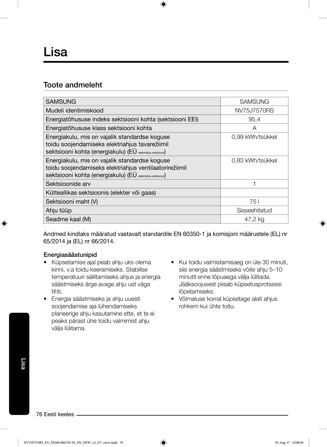 Samsung NV75J7570RS/EO manual Lisa, Toote andmeleht 