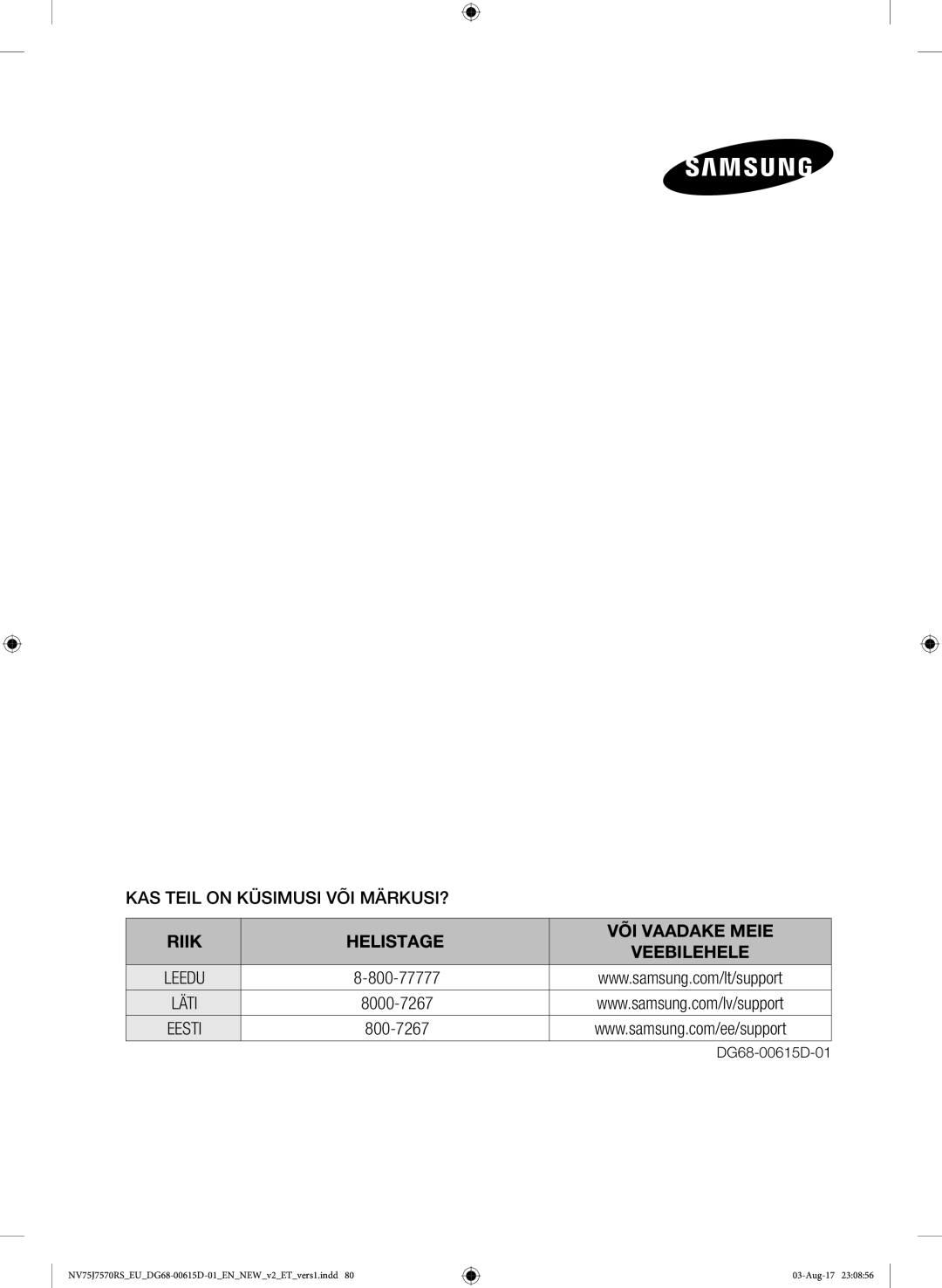 Samsung NV75J7570RS/EO manual Riik Helistage VÕI Vaadake Meie Veebilehele 