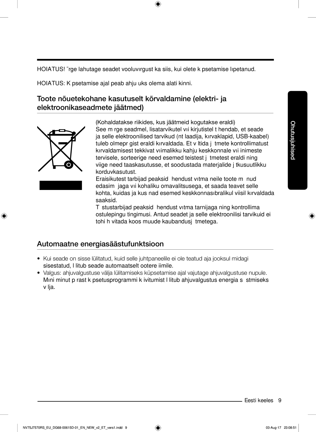 Samsung NV75J7570RS/EO manual Automaatne energiasäästufunktsioon 