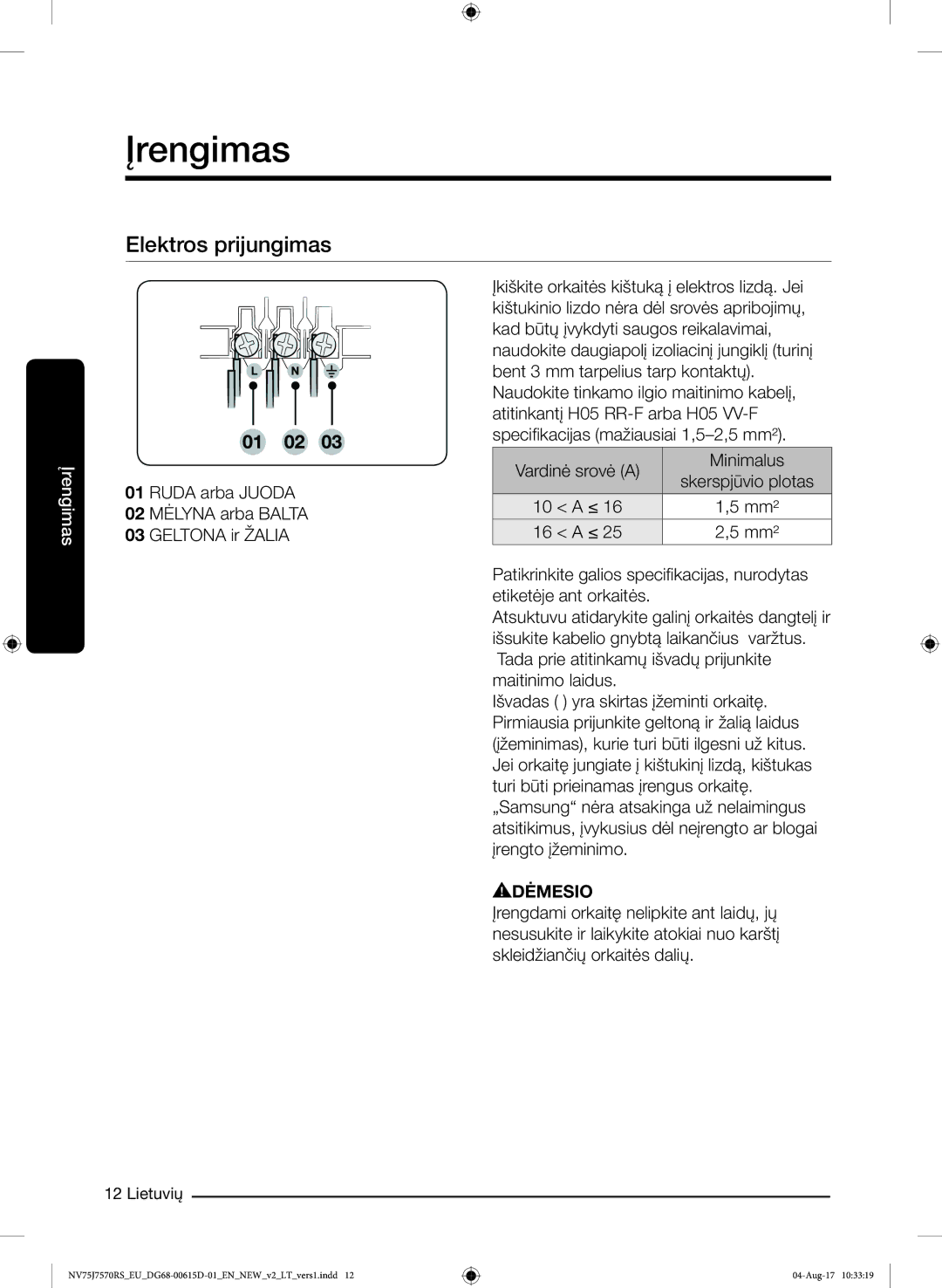 Samsung NV75J7570RS/EO manual Elektros prijungimas 