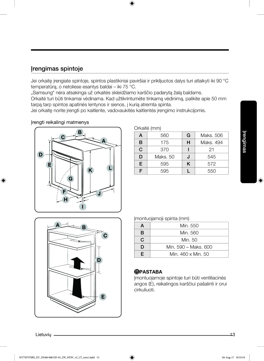 Samsung NV75J7570RS/EO manual Įrengimas spintoje 