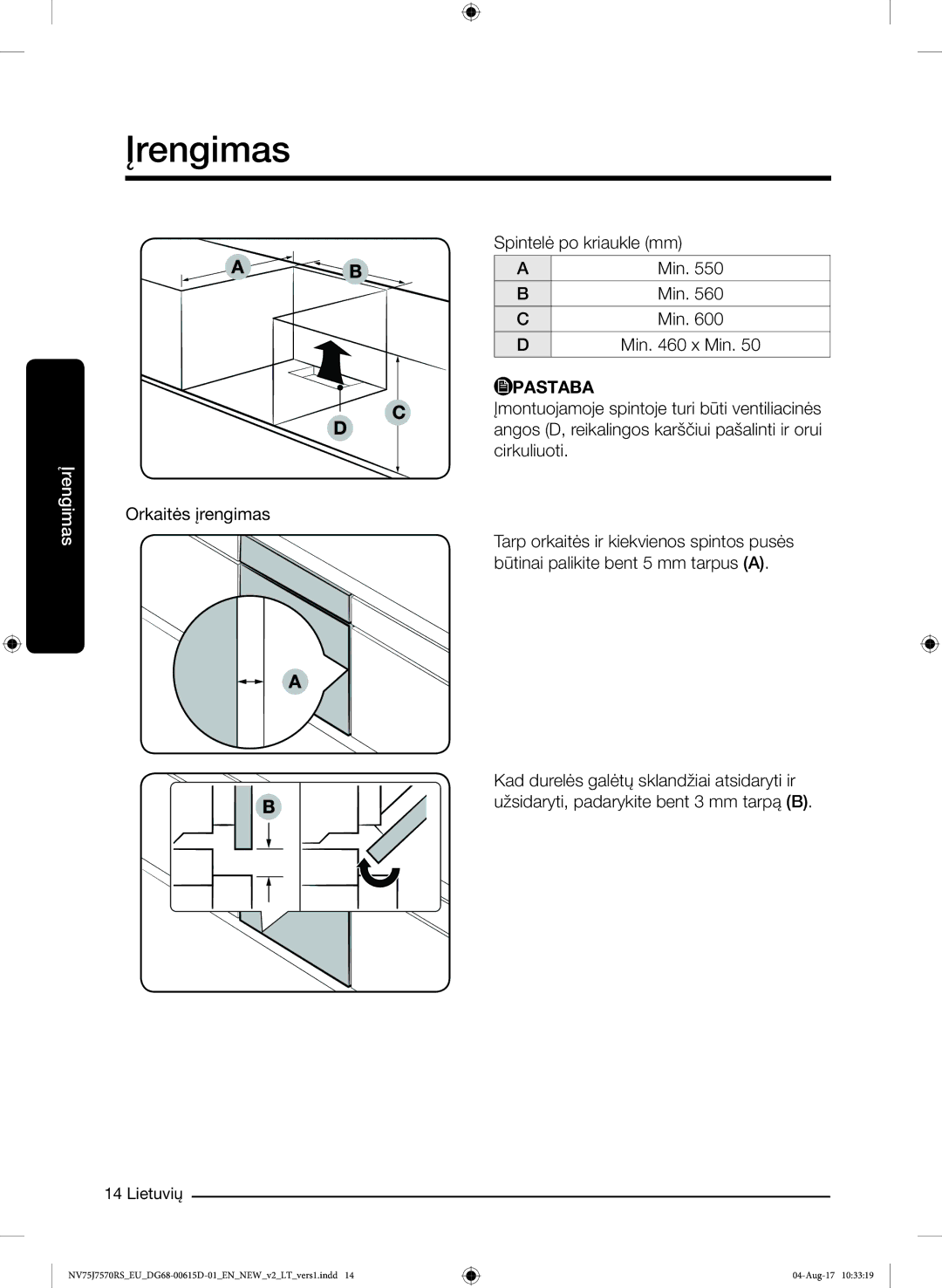 Samsung NV75J7570RS/EO manual Orkaitės įrengimas 