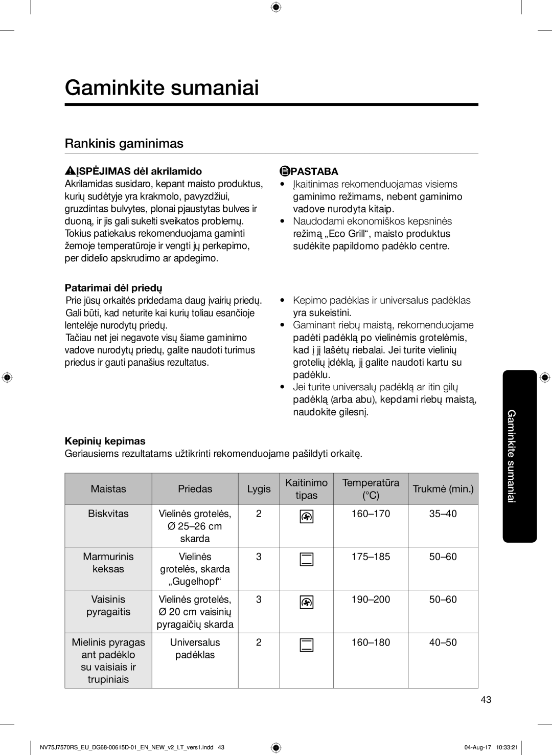 Samsung NV75J7570RS/EO manual Gaminkite sumaniai, Rankinis gaminimas 