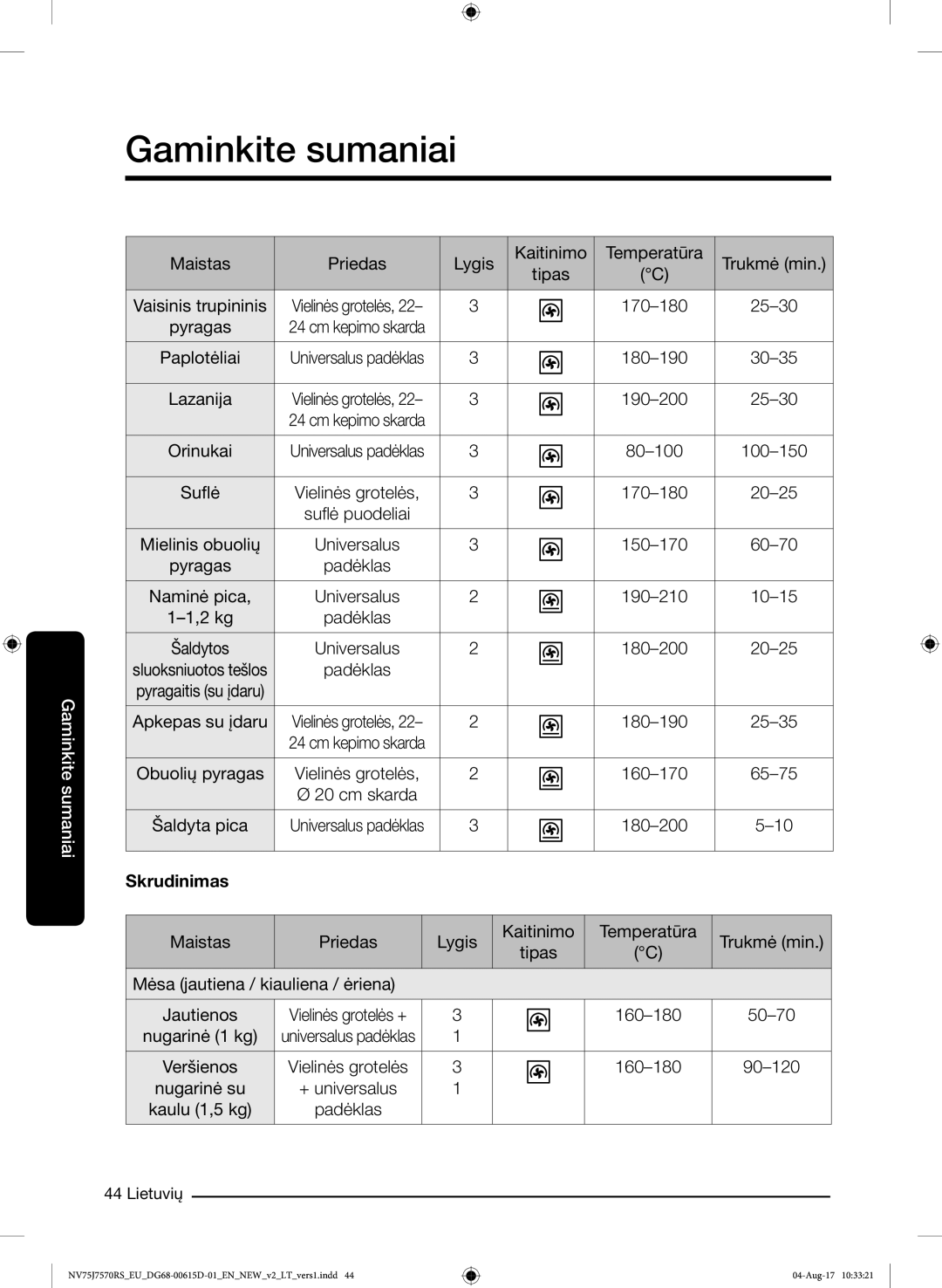 Samsung NV75J7570RS/EO manual Skrudinimas 