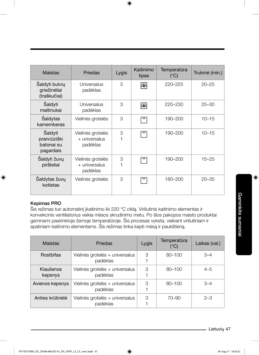 Samsung NV75J7570RS/EO manual Griežinėliai 