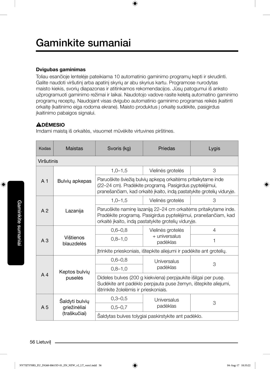 Samsung NV75J7570RS/EO manual Dvigubas gaminimas 